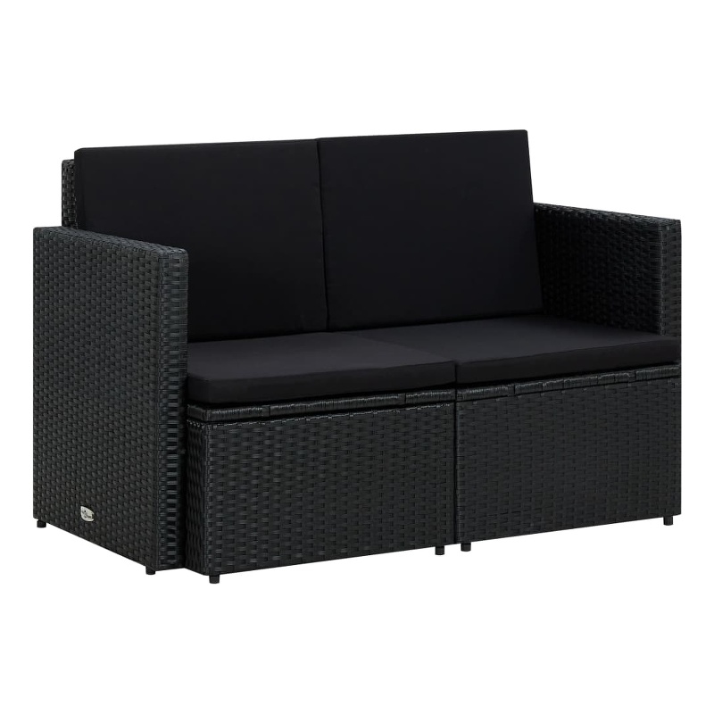 vidaXL 2-Seater PE Rattan And Powder-Coated Steel And Polyester Sofa in Black