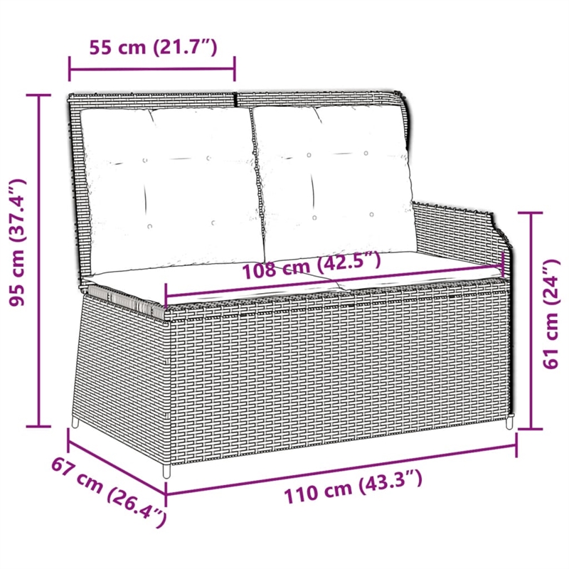 vidaXL Standard PE Rattan Reclining Patio Bench in Grey