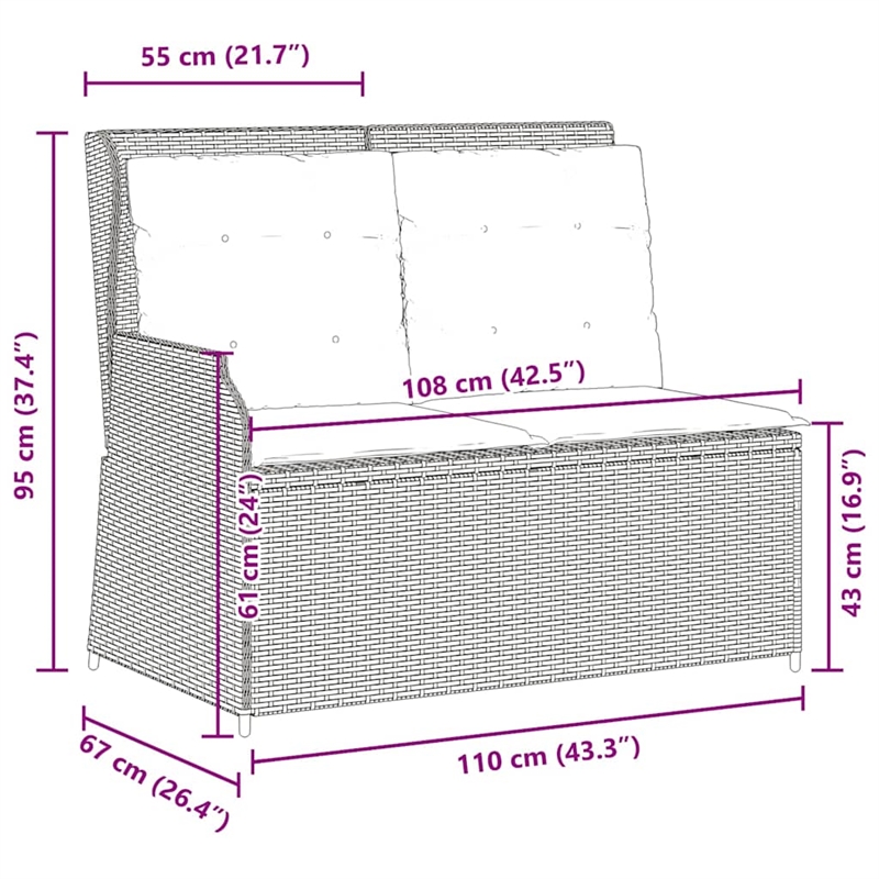 vidaXL PE Rattan And Powder-Coated Steel Reclining Garden Bench in Grey