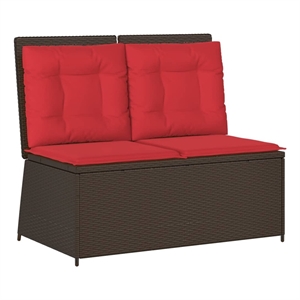vidaXL Poly Rattan Reclining Patio Brown Bench With Cushions in Red