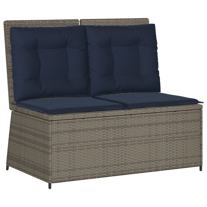 vidaXL Grey Poly Rattan Reclining Patio Bench With Navy Blue Cushions