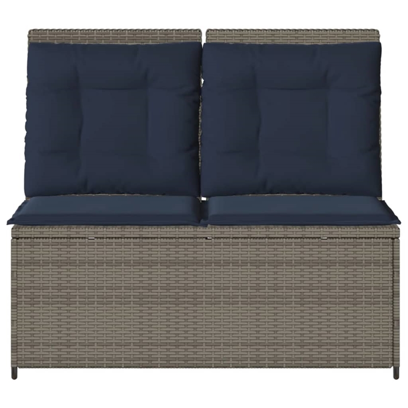 vidaXL Grey Poly Rattan Reclining Patio Bench With Navy Blue Cushions