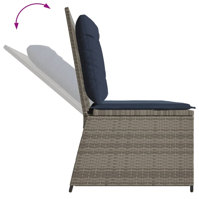 vidaXL Grey Poly Rattan Reclining Patio Bench With Navy Blue Cushions