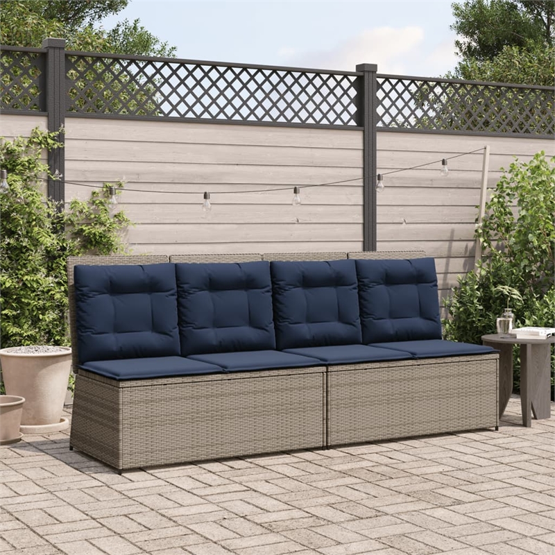 vidaXL Grey Poly Rattan Reclining Patio Bench With Navy Blue Cushions