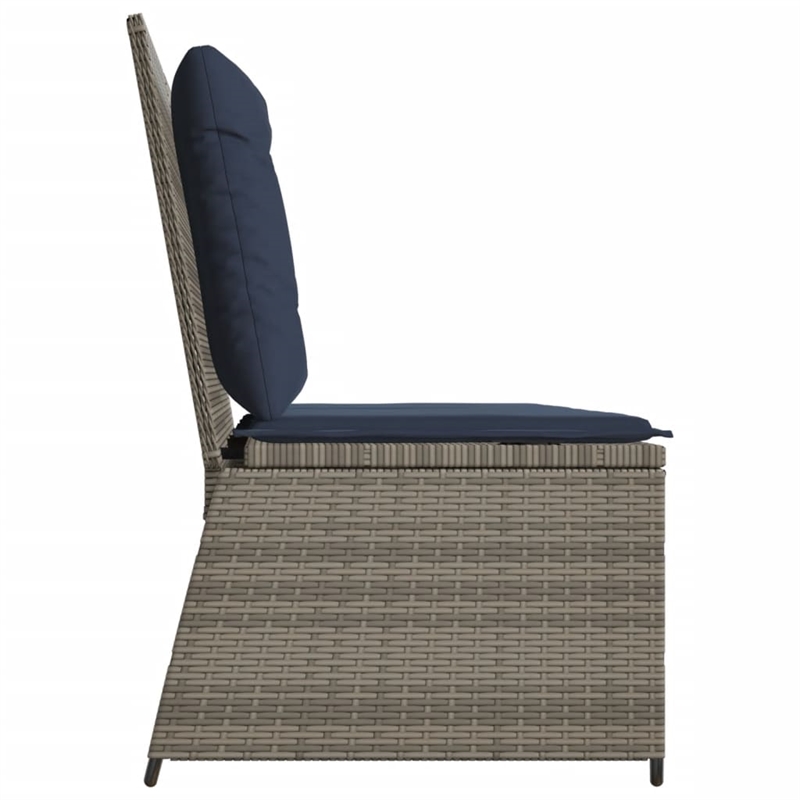 vidaXL Grey Poly Rattan Reclining Patio Bench With Navy Blue Cushions