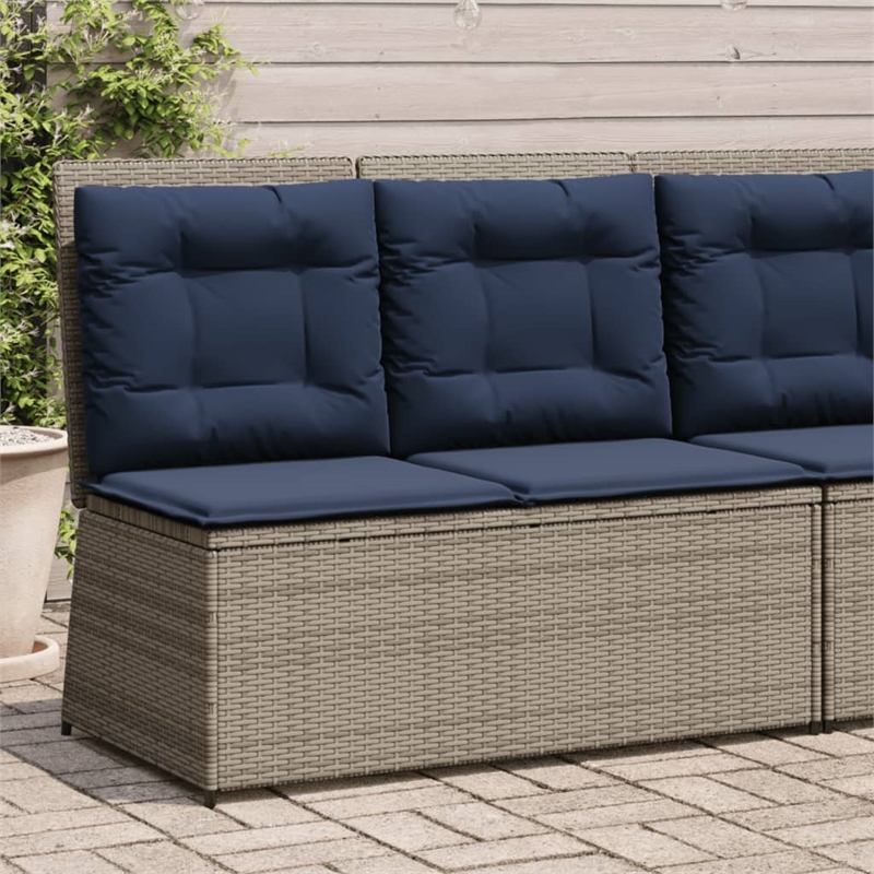 vidaXL Grey Poly Rattan Reclining Patio Bench With Navy Blue Cushions