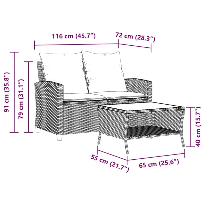 vidaXL 2-Seater Poly Rattan Garden Sofa With Removable Covers in Brown