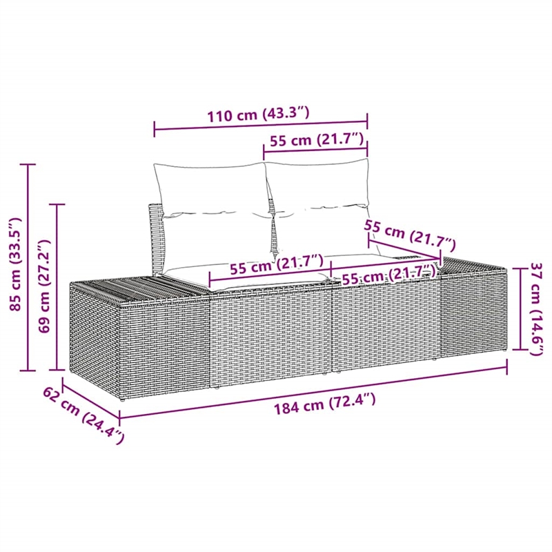 vidaXL Gray Poly Rattan Garden Sofa With Cushions in Navy Blue
