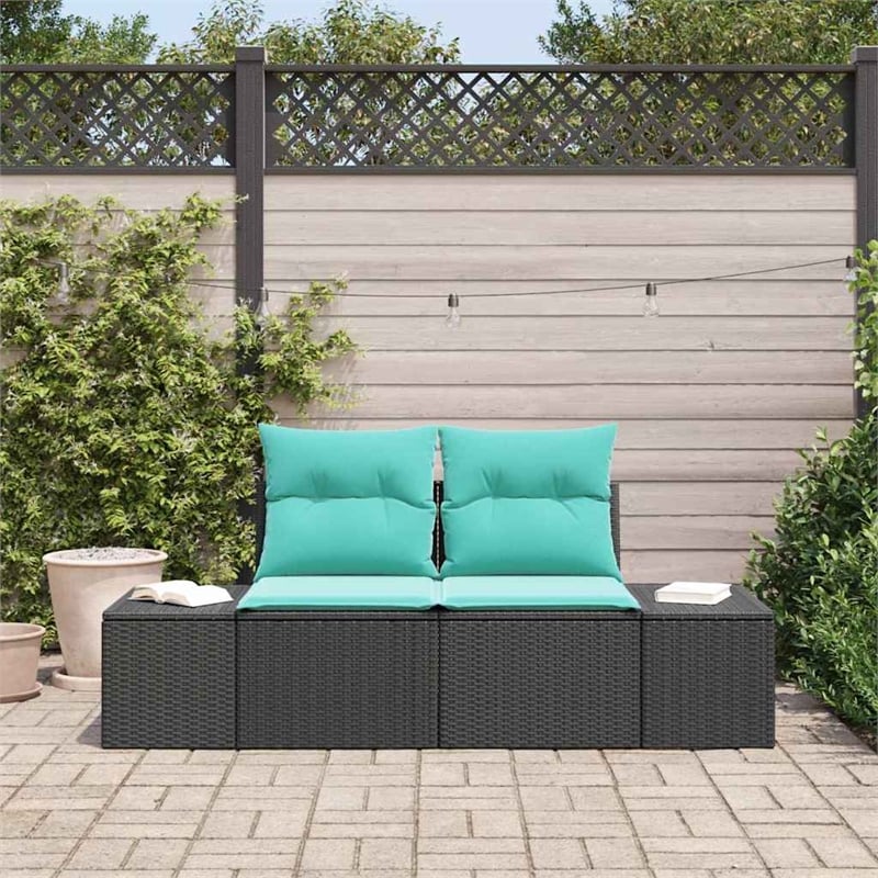 vidaXL Black Poly Rattan Garden Sofa With Cushions in Turquoise