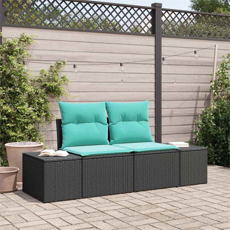 vidaXL Black Poly Rattan Garden Sofa With Cushions in Turquoise
