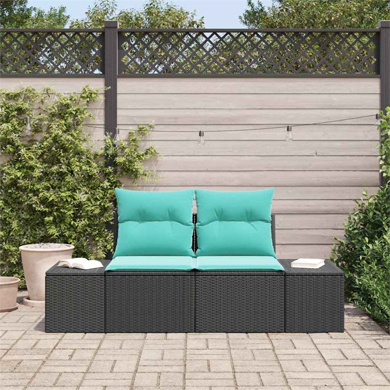 vidaXL Black Poly Rattan Garden Sofa With Cushions in Turquoise