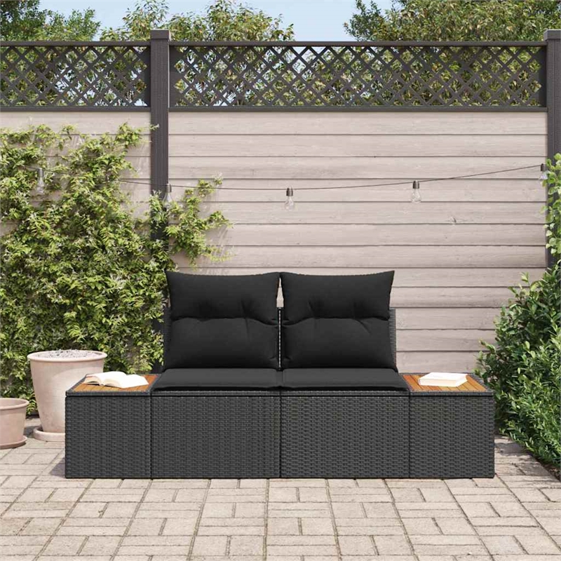 vidaXL Poly Rattan Garden Sofa With Cushion in Black