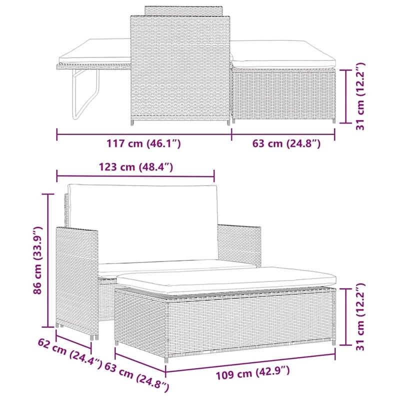 vidaXL 2-Seater Modular PE Rattan Outdoor Furniture Set in Brown