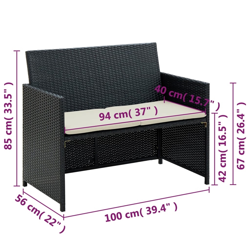 vidaXL 2-Seater Poly Rattan And Powder-Coated Steel And Polyester Sofa in Black