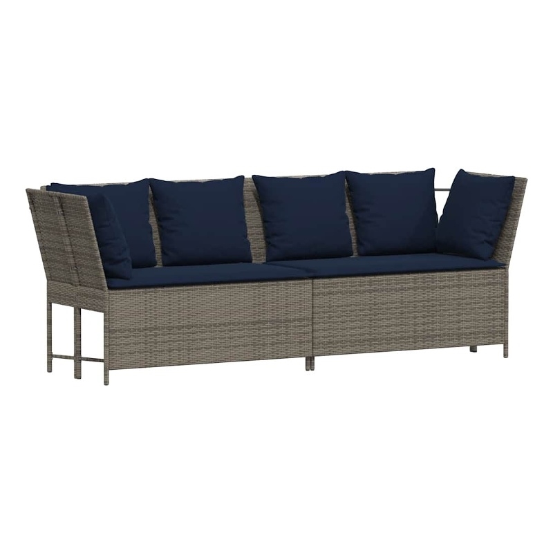 vidaXL Patio Sofa with Cushions in Navy Blue and Grey Poly Rattan