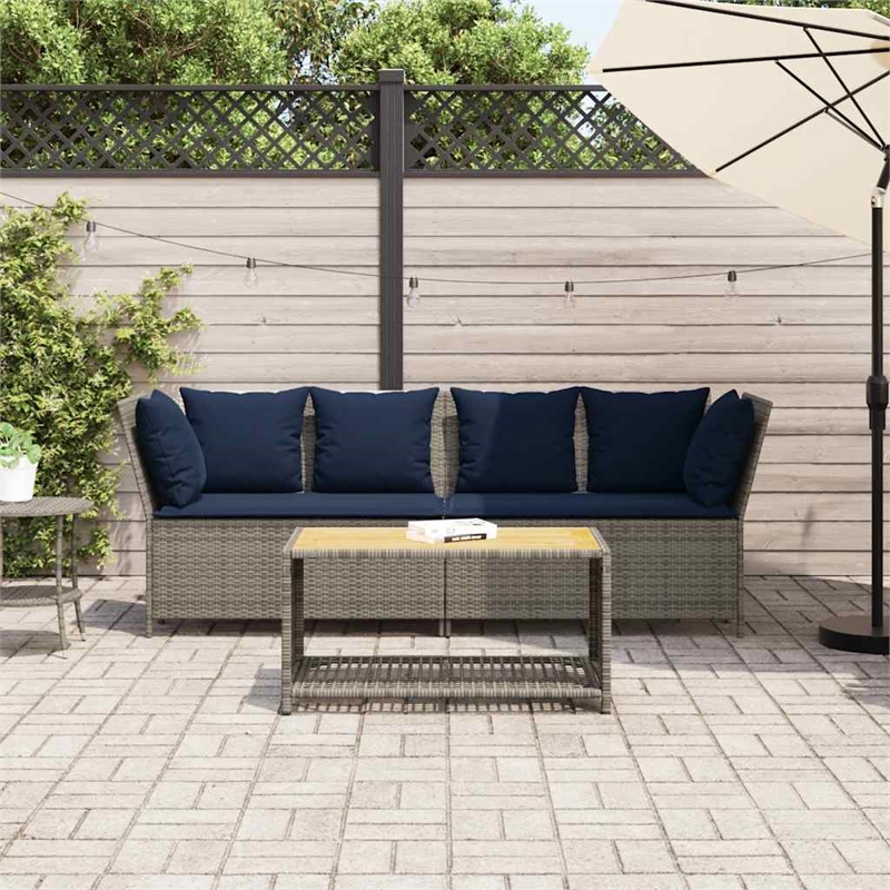 vidaXL Patio Sofa with Cushions in Navy Blue and Grey Poly Rattan