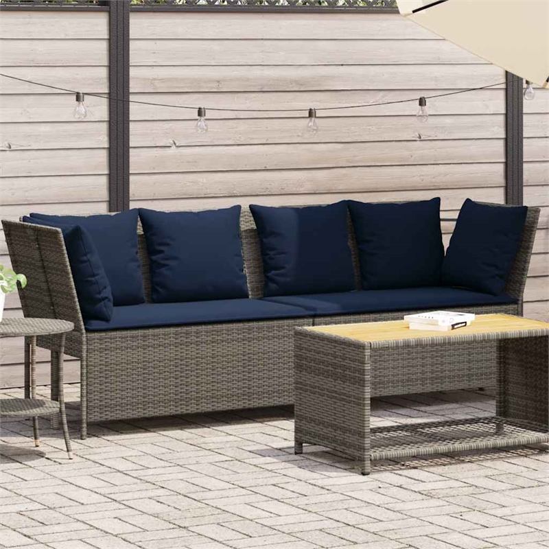 vidaXL Patio Sofa with Cushions in Navy Blue and Grey Poly Rattan