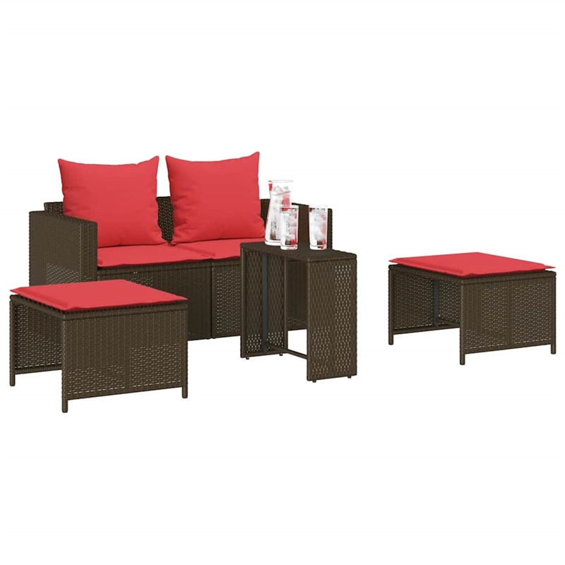 vidaXL 5 Pcs Stackable Patio Sofa Set With Cushions in Red and Brown Poly Rattan