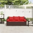 vidaXL 3-Seater Patio Sofa with Cushions in Red and Poly Rattan in Brown