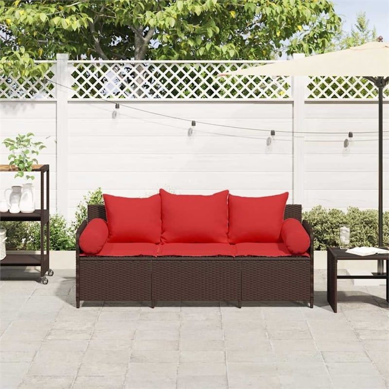 vidaXL 3-Seater Patio Sofa with Cushions in Red and Poly Rattan in Brown