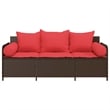 vidaXL 3-Seater Patio Sofa with Cushions in Red and Poly Rattan in Brown