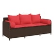 vidaXL 3-Seater Patio Sofa with Cushions in Red and Poly Rattan in Brown