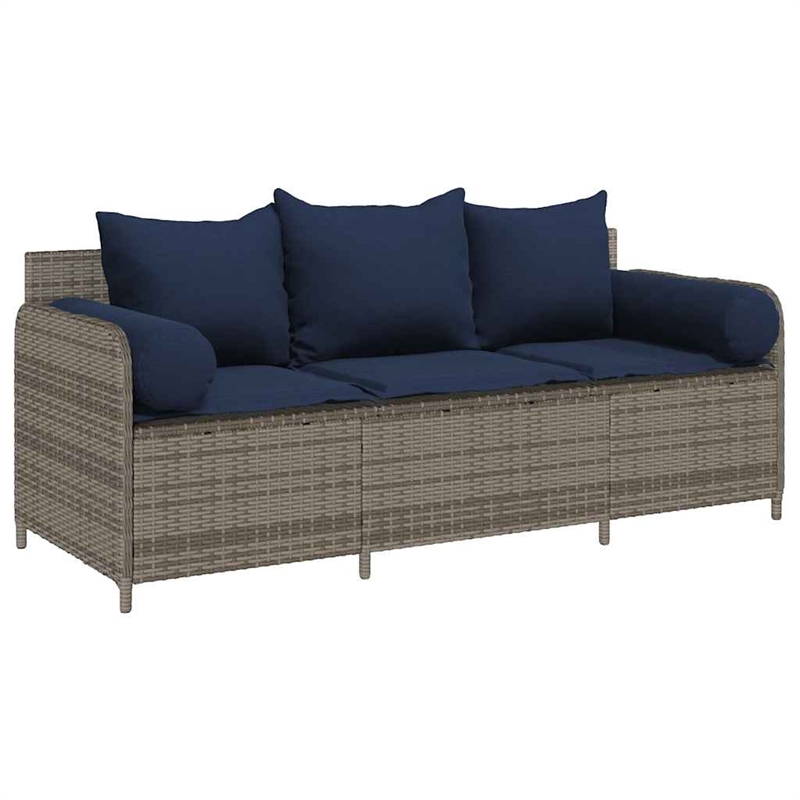 vidaXL 3-Seater Patio Sofa with Cushions in Navy Blue and Grey Poly Rattan