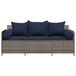 vidaXL 3-Seater Patio Sofa with Cushions in Navy Blue and Grey Poly Rattan