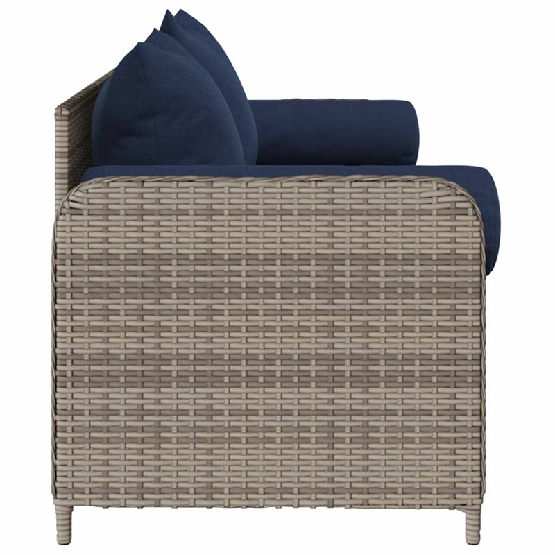 vidaXL 3-Seater Patio Sofa with Cushions in Navy Blue and Grey Poly Rattan