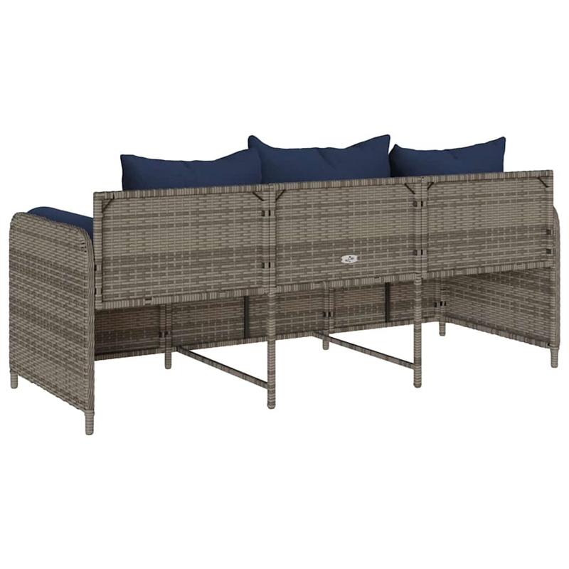 vidaXL 3-Seater Patio Sofa with Cushions in Navy Blue and Grey Poly Rattan