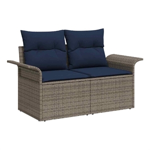 vidaXL Gray Poly Rattan Garden Sofa With Cushions in Navy Blue