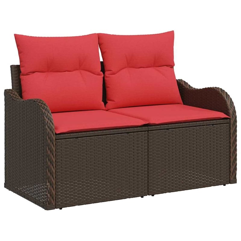 vidaXL Brown Poly Rattan Garden Sofa With Cushions in Red