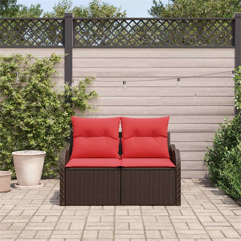 vidaXL Brown Poly Rattan Garden Sofa With Cushions in Red
