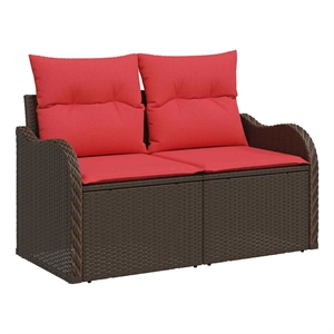vidaXL Brown Poly Rattan Garden Sofa With Cushions in Red