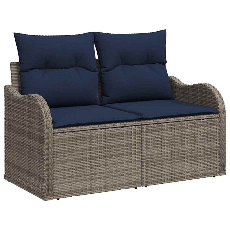 vidaXL Gray Poly Rattan Garden Sofa With Cushions in Navy Blue