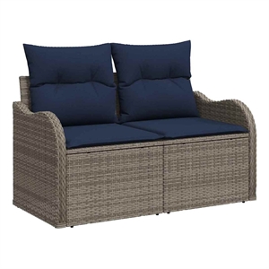 vidaXL Gray Poly Rattan Garden Sofa With Cushions in Navy Blue