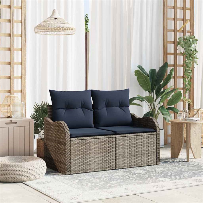 vidaXL Gray Poly Rattan Garden Sofa With Cushions in Navy Blue