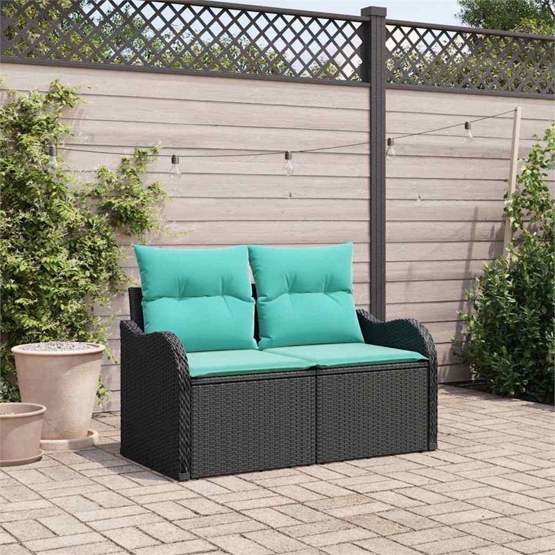 vidaXL Black Poly Rattan Garden Sofa With Cushions in Turquoise