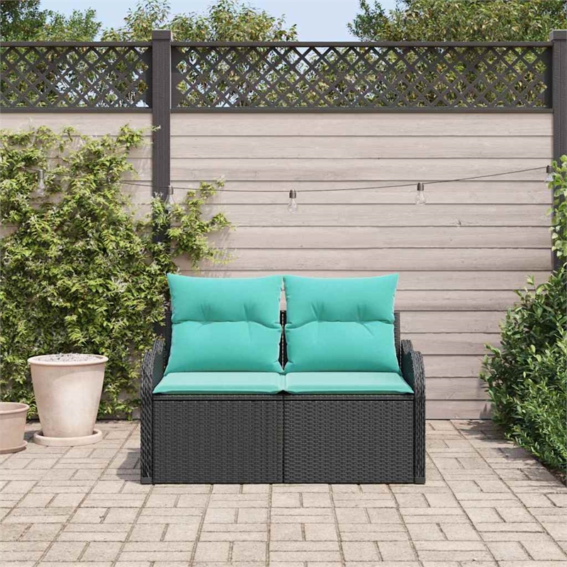 vidaXL Black Poly Rattan Garden Sofa With Cushions in Turquoise