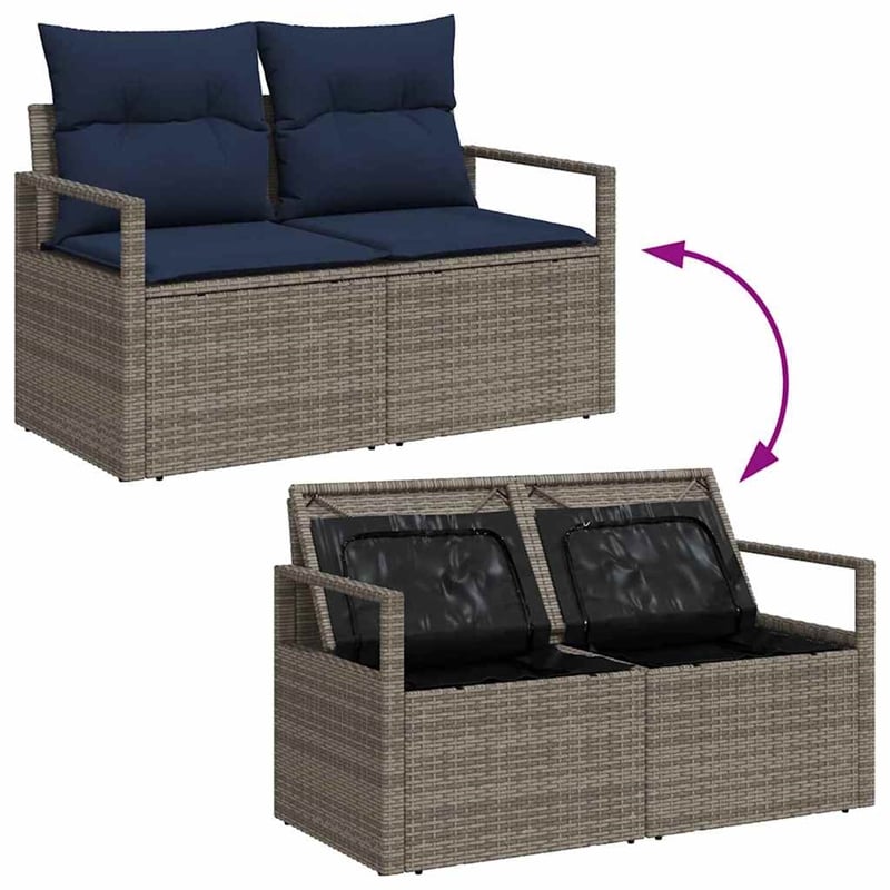 vidaXL Gray Poly Rattan Garden Sofa With Cushions in Navy Blue