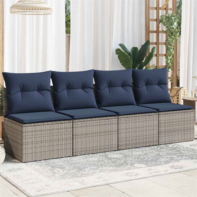 vidaXL Poly Rattan Garden Sofa With Cushions in Nay Blue/Gray Frame