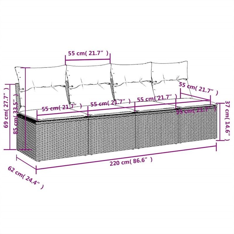 vidaXL Poly Rattan Garden Sofa With Cushions in Nay Blue/Gray Frame