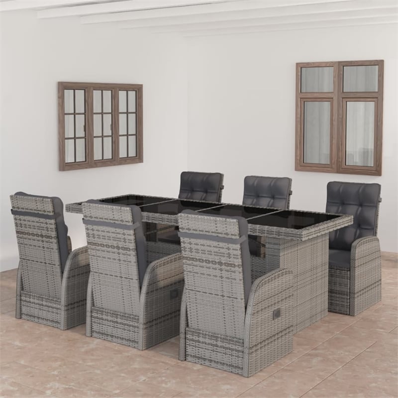 vidaXL Outdoor Dining Set in Gray Poly Rattan/Powder-Coated Steel/Glass