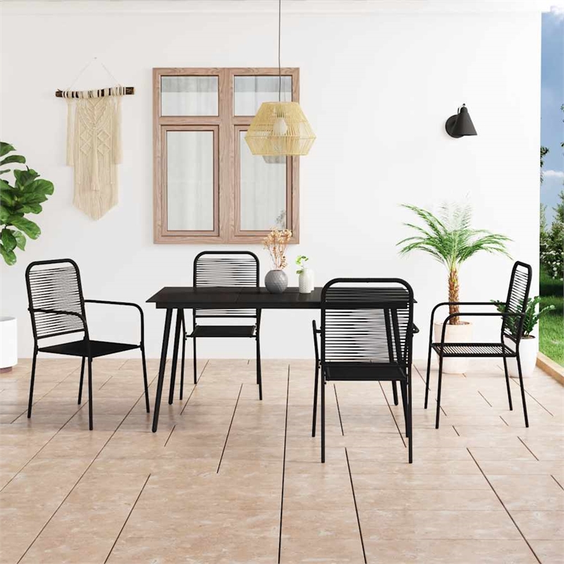 vidaXL Cotton Rope/Powder-Coated Steel/Tempered Glass Dining Set in Black