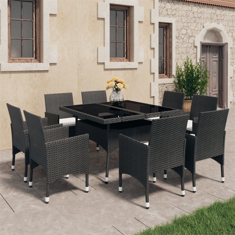 vidaXL Dining Set in Black Poly Rattan Large Removable Covers