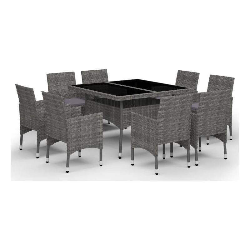 vidaXL Dining Set in Gray Poly Rattan/Tempered Glass/Powder-Coated Steel