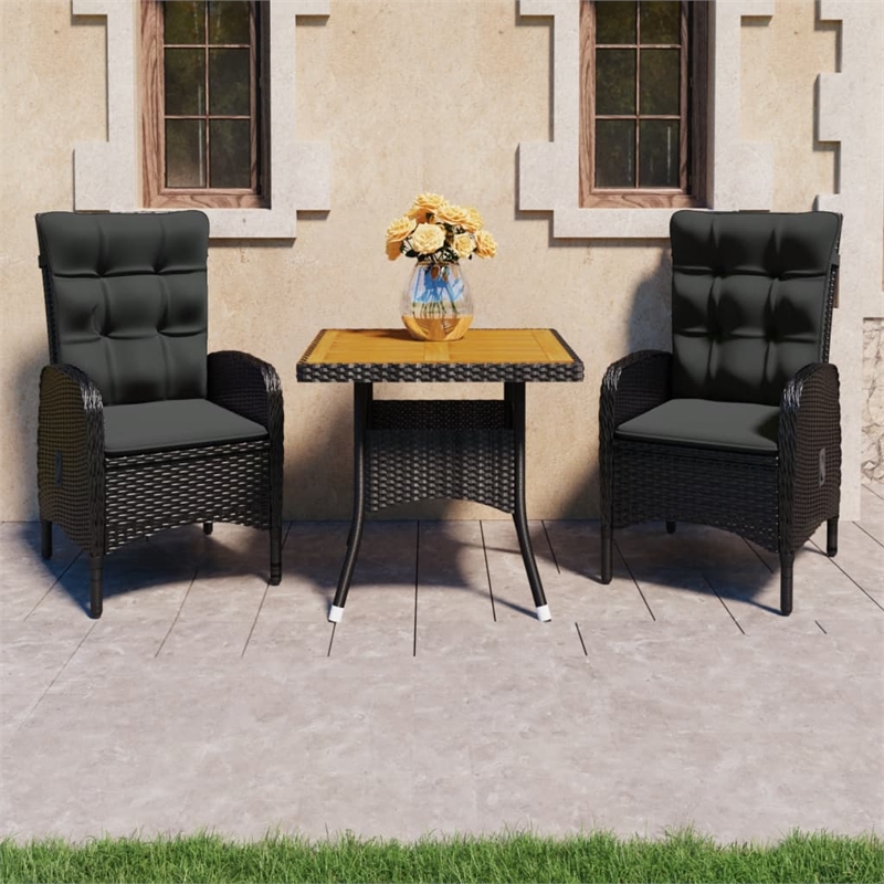 vidaXL Garden Dining Set in Black Poly Rattan/Steel/Acacia Wood/Polyester