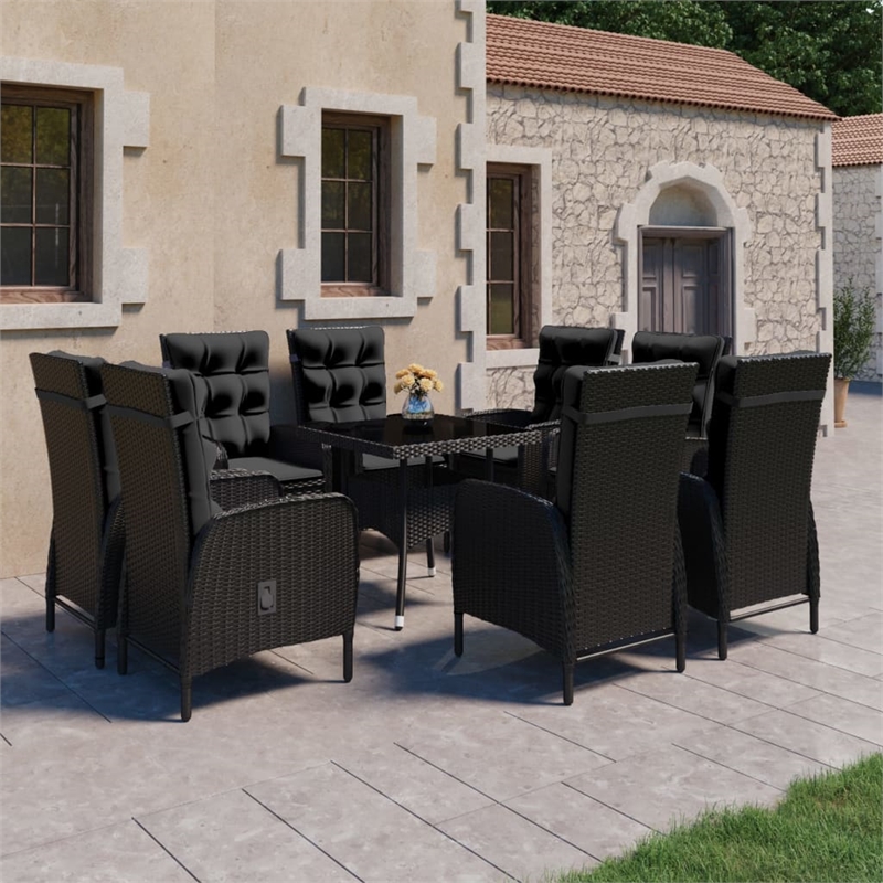 vidaXL Garden Dining Set in Black Poly Rattan/Steel/Glass/Fabric Large