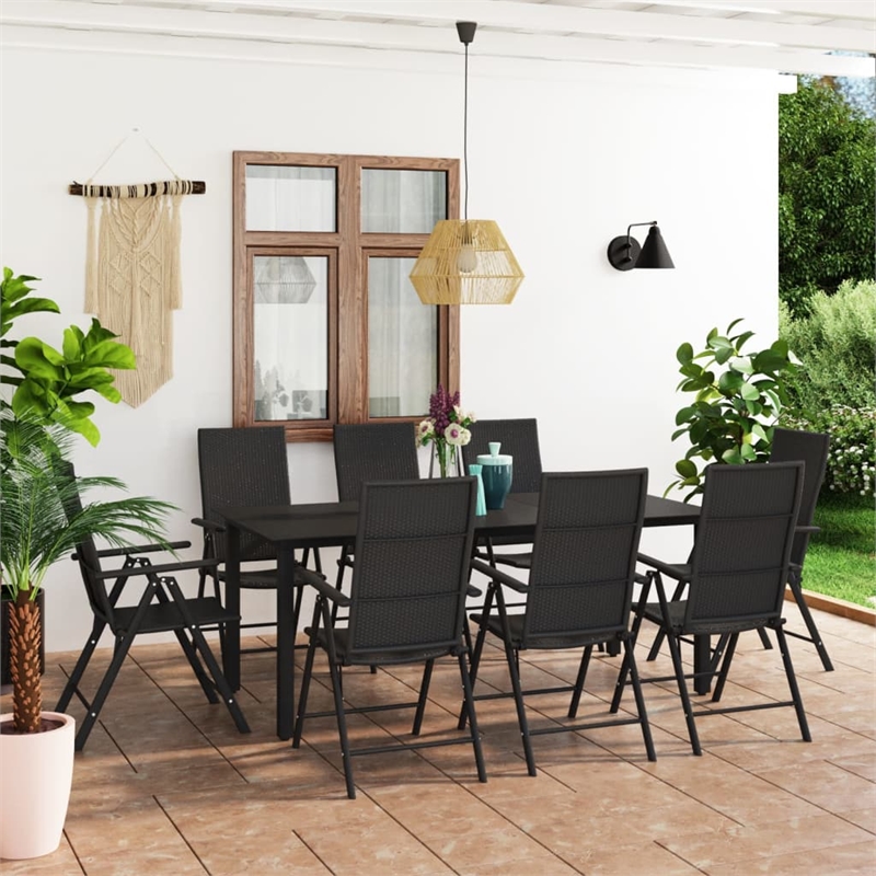 vidaXL Glass/Aluminum/PE Rattan Dining Set in Black