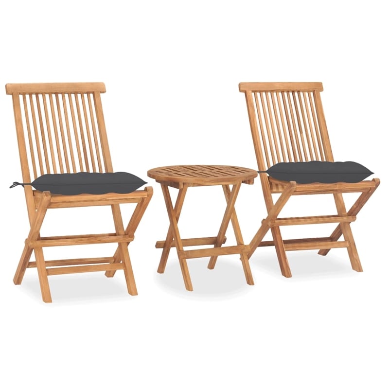 vidaXL Teak 3 Piece Set Foldable Round Outdoor Dining Set in Gray